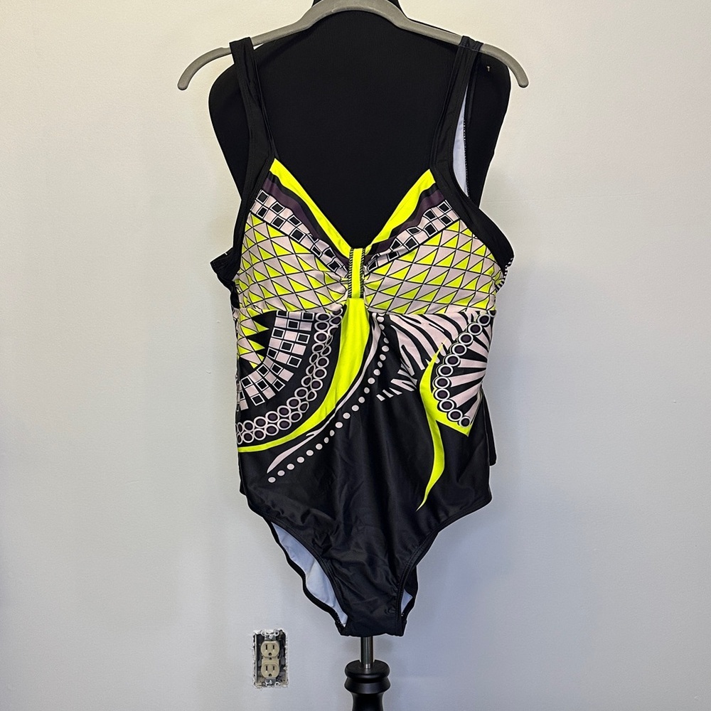 Black One-Piece Swimsuit with Neon Yellow & Pink Graphic Print XL